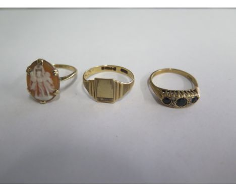 Three 9ct gold rings, sizes R and N, approx 7.4 grams, some wear to all but no damage 