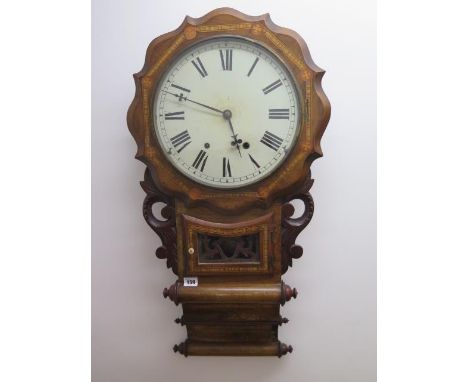 An 8 day drop case walnut American wall clock strikes hours in running order, 80cm tall 