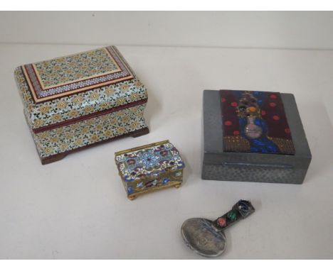 A collection of three decorative boxes, largest 7cm tall x 11cm x 8cm and an agate set caddy spoon, all generally good 