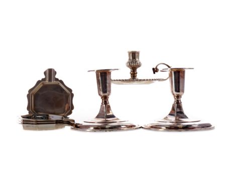 PAIR OF SWEDISH SILVER CANDLESTICKS, maker P&amp;H, marked Sterling Sweden, of circular form, 8.5cm high, along with a set of