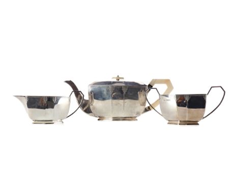 SILVER THREE PIECE TEA SERVICE, maker Viner's Ltd, Sheffield 1962, of octagonal form, with engraved Art Deco style decoration