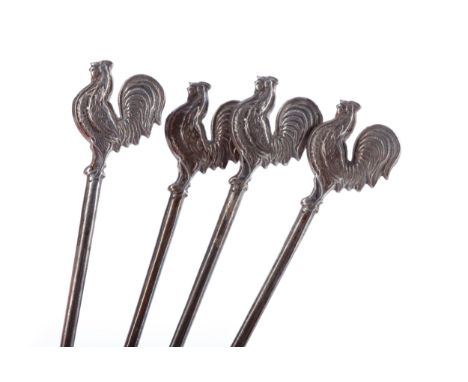 SET OF SIX SILVER STICK PINS, maker I S Greenberg &amp; Co, Birmingham 1939, each with chicken motif, 73mm high, 12g gross, i