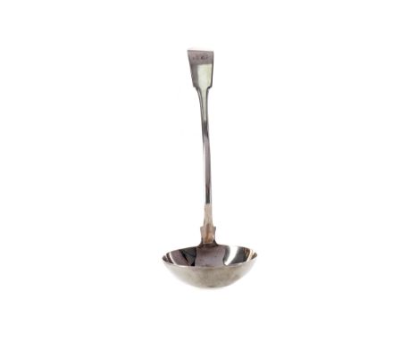 SCOTTISH SILVER LADLE, marks worn, possible maker Robert Naughten, engraved initial, 34cm long, 240g