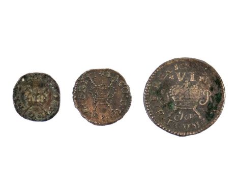 Charles I farthings (x2) and James II 6d gun money Lot comprises Charles I Rose farthing, Charles I farthing with harp, James