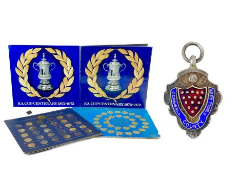 Football Medallions (x120) including Cornwall interest  Comprising:1937/38 hallmarked silver enamelled fob Senior Cup Runners