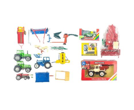 Britains boxed and un-boxed Tractors / Landrover etc Comprising: boxed 9597 Mercedes-Benz detatchable tractor and tipping hod