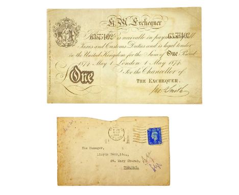 Exchequer £1 banknote 1874 forgery An unusual counterfeit banknote together with provenance - unusual item