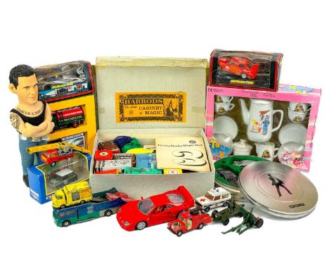 Toys - mixed lot diecast, Scalextric, Harrods Cabinet Magic etc. A mixed lot including eight playworn Dinky and Corgi toys, t