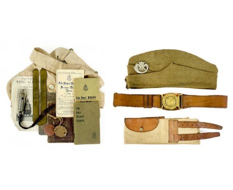 D.C.L.I. 1940 side hat, Boys' Brigade cloth bag etc. A WW2 side hat dated 1940 with D.C.L.I. badge, a Boys' Brigade cloth sho