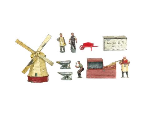 Johillco - blacksmith set, miller's set and other farm figures Lot comprises a full blacksmith set including two anvils, a mi