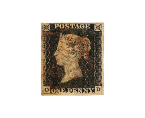 GB - rare inverted watermark 1d Black - four margin  A 1840 1d Black used with "OD" letters and red Maltese Cross cancellatio