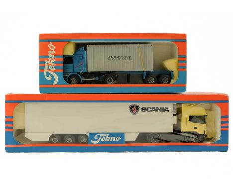 Tekno - Scania Trucks(x2) boxed  Two 1:50 scale trucks comprising:Scania Refrigeration truckScania container truckBoth in goo