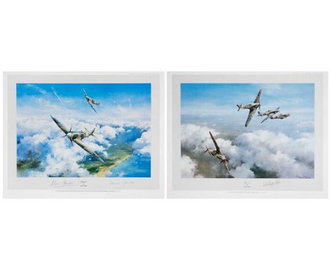 Mounted Second World War signed colour Aviation prints - one personally signed by Douglas Bader  Comprising:"Spitfire" by Rob