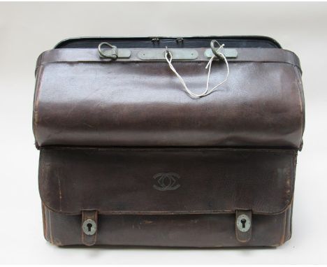 A Mappin and Webb vintage leather fitted case with contents including bottles, stationary folder with pen and propelling penc