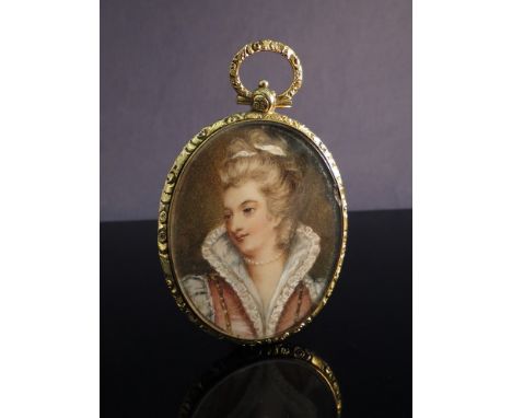 A miniature watercolour portrait of a young woman in a high collar dress wearing a pearl necklace in yellow metal surround, e