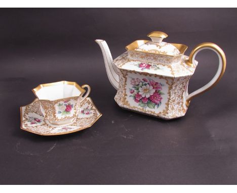A Rosenthal six part tea service, white ground, hand painted floral panels and gilding 