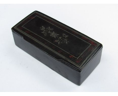 A 19th Century papier maché snuff box with tortoiseshell and white metal inlay 