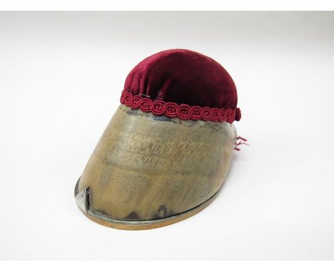 A horse hoof pin cushion and a pewter swan shaped pin cushion (2)