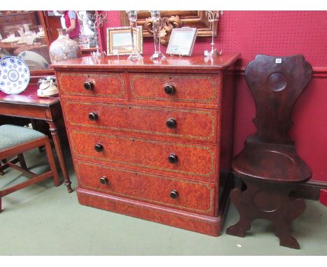 A Victorian painted birds eye maple effect chest of two over three drawers with hand painted borders to drawer fronts, black 
