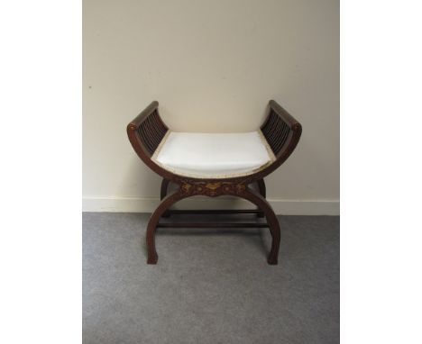 An Edwardian mahogany "X" frame inlaid stool