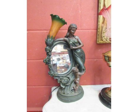 A modern Art Nouveau style mirror/lamp with lady and child decoration, mark to back