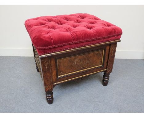 A Victorian burr walnut box seat stool with button seat and painted gilt relief carved decoration on turned feet