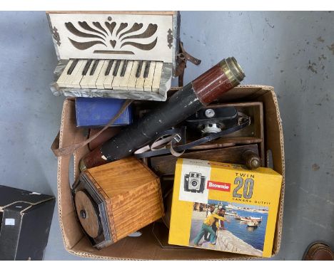 A STELDENI PIANO ACCORDION, BRASS MOUNTED TELESCOPE, VINTAGE CAMERA, BISCUIT BARRELS, ETC  
