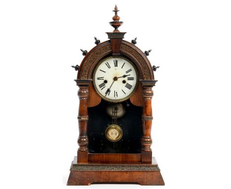 A STAINED WOOD SHELF CLOCK WITH GRIDIRON PENDULUM, 56CM H, LATE 19TH C  