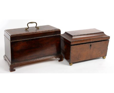 A GEORGE III MAHOGANY TEA CADDY WITH BRASS HANDLE, 26CM L AND A REGENCY MAHOGANY AND YEW WOOD TEA CADDY ON BRASS FEET  