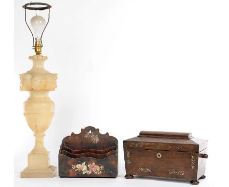 A VICTORIAN MOTHER OF PEARL INLAID ROSEWOOD TEA CADDY,&nbsp; OF SARCOPHAGUS SHAPE, 32CM L, (GUTTED), A PAINTED PAPIER MACHE S