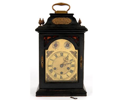 AN EBONISED BRACKET CLOCK IN LATE 18TH C ENGLISH STYLE WITH BREAKARCHED BRASS DIAL AND THREE TRAIN MOVEMENT, 37CM H EXCLUDING