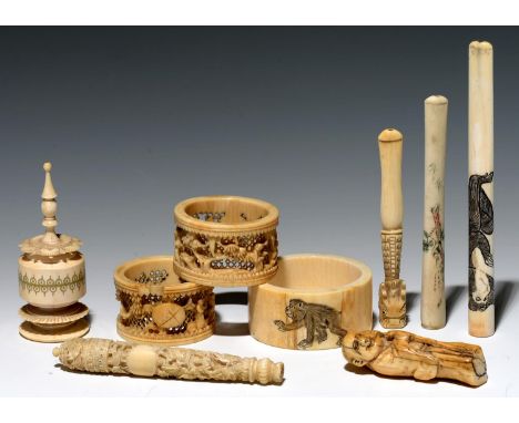 A JAPANESE IVORY NETSUKE AND OTHER IVORY WORKS OF ART, VARIOUS SIZES, MID 19TH CENTURY – C1900 (SOME FAULTS, 9)  