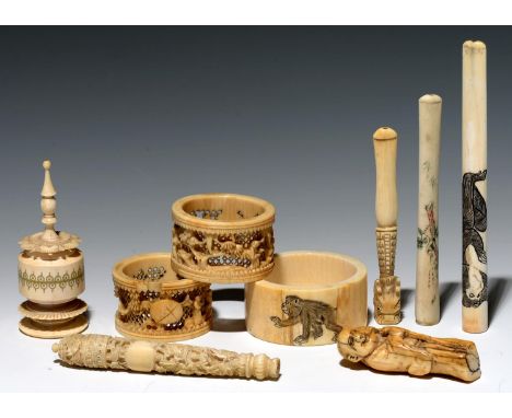 A JAPANESE IVORY NETSUKE AND OTHER IVORY WORKS OF ART, VARIOUS SIZES, MID 19TH CENTURY – C1900 (SOME FAULTS, 9)  