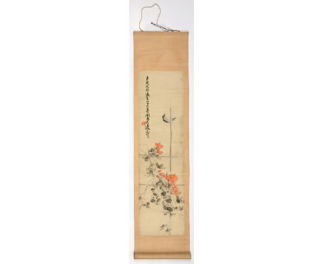 A CHINESE EMBROIDERED SILK SCROLL OF FLOWERS AND A BIRD, 28 X 110CM OVERALL, EARLY 20TH C  