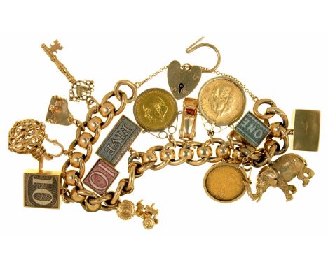 A 9CT GOLD CHARM BRACELET, TO INCLUDE A HALF SOVEREIGN 1910, A 10 MEXICAN PESOS GOLD COIN, AN 18CT GOLD 'THEIR FINEST HOUR' C