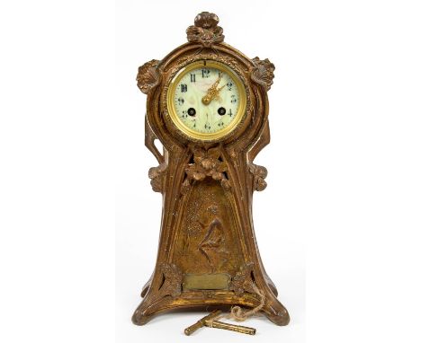 A FRENCH ART NOUVEAU SPELTER GILT MANTEL CLOCK, THE PRIMROSE ENAMEL DIAL PAINTED WITH FLOWERS, APPLIED WITH BRASS TABLET ENGR