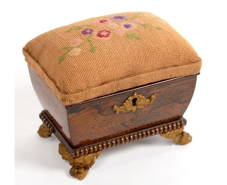 A VICTORIAN METAL MOUNTED ROSEWOOD TEA CADDY ADAPTED AS A WORKBOX WITH PADDED LID, 13CM L  