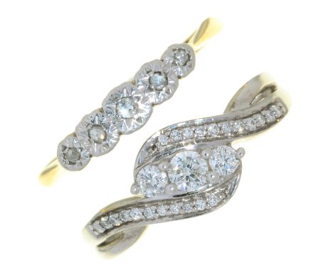 TWO DIAMOND RINGS IN GOLD, ONE MARKED 18CT, OTHER UNMARKED, 4.5G, SIZES O, P  BUILD UP OF DIRT AND GRIME TO SETTINGS. LIGHT W