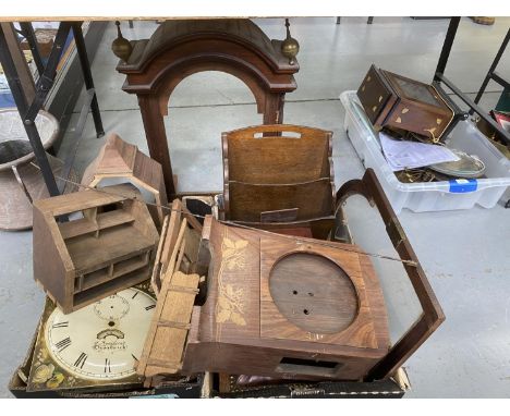 A PAINTED LONGCASE CLOCK DIAL INSCRIBED G KENDRICK DROITWICH, A MAHOGANY LONGCASE CLOCK HOOD, OAK CANTERBURY, ETC  