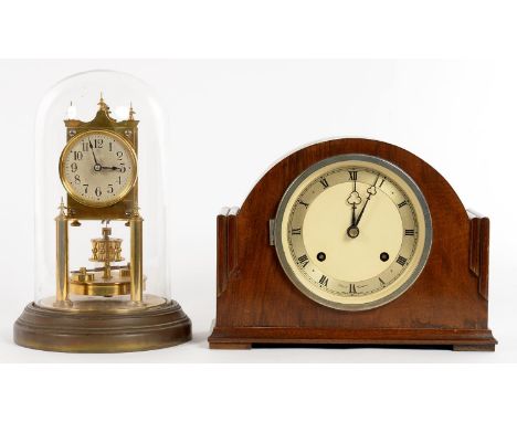 A BRASS ANNIVERSARY CLOCK WITH GLASS DOME AND A WALNUT MANTEL CLOCK, 22CM H  