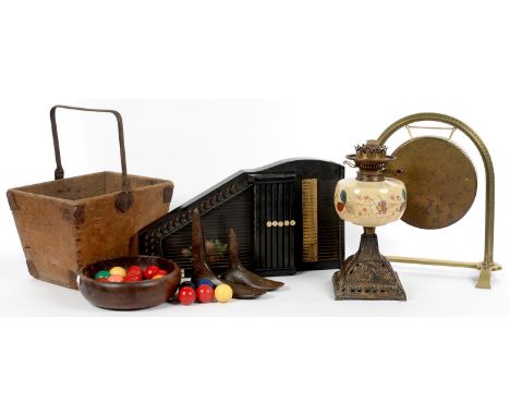 A BRASS DINNER GONG SUSPENDED FROM ARCHED FRAME, 40CM H, C1900 A MEINEL'S AUTOHARP, AN EDWARDIAN CAST IRON AND PAINTED EARTHE