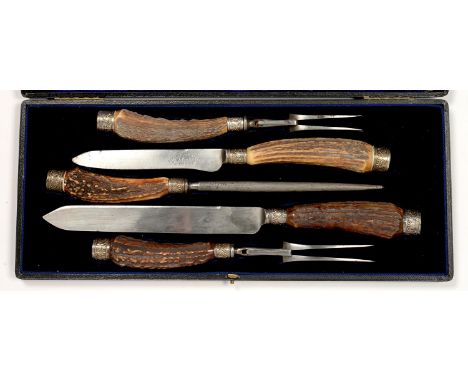 A FIVE PIECE ANTLER HAFTED CARVING SET, BY THE ALEX R CLARK MFG CO, CASED, EARLY 20TH C  NO APPARENT DAMAGE. TARNISHED.