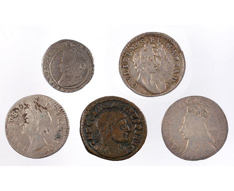 SILVER COINS.&nbsp; &nbsp;WILLIAM AND MARY FOUR PENCE, 1688-94 AND FOUR VARIOUS OTHER COINS INCLUDING CONSTANTINE THE GREAT F
