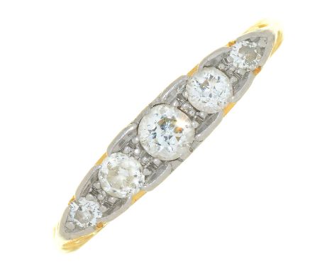 A DIAMOND FIVE STONE RING IN GOLD, MARKED 18CT, 3G, SIZE P  NO DAMAGE TO DIAMONDS. LIGHT WEAR TO RING CONSISTENT WITH AGE AND