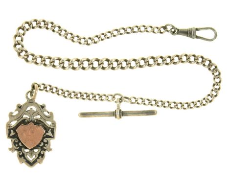 A VICTORIAN SILVER FOB SHIELD, BIRMINGHAM 1900 ON A SILVER ALBERT, 32 CM L, 34G  LIGHT WEAR CONSISTENT WITH AGE AND USE