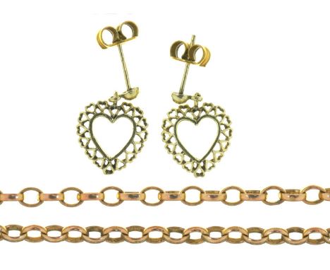 A GOLD CHAIN, 56 CM L, MARKED 375, GOLD CLASP MARKED 18CT AND A PAIR OF 9CT GOLD EARRINGS, 14.5G  CLASP DOESN'T MATCH CHAIN. 