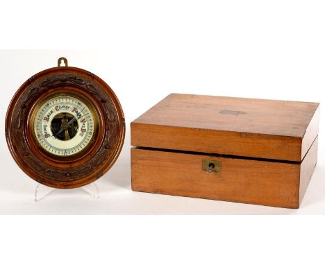 A VICTORIAN WALNUT WRITING BOX WITH FITTED INTERIOR, 26.5CM L AND A CARVED WALNUT ANEROID BAROMETER, ETC  