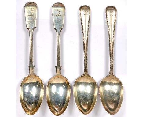 TWO PAIRS OF VICTORIAN SILVER SERVING SPOONS, BEADED OLD ENGLISH AND FIDDLE PATTERN, LONDON 1866 AND EXETER 1865, 110ZS  TARN