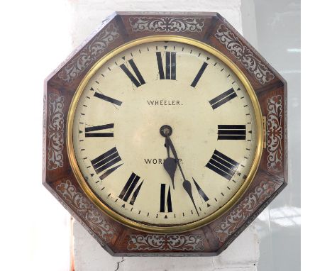 A VICTORIAN OCTAGONAL ROSEWOOD WALL TIMEPIECE, THE PAINTED DIAL INSCRIBED WHEELER, WARKSOP, HAVING FUSEE MOVEMENT IN PIERCED 