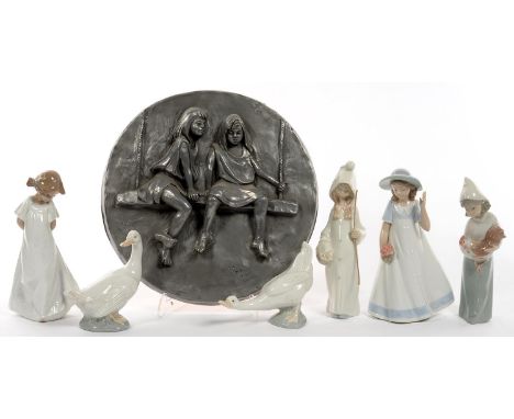 ONE LLADRO AND FIVE NAO FIGURES AND GEESE, VARIOUS SIZES AND A PEWTER RESIN BAS RELIEF OF TWO GIRLS ON A SWING  